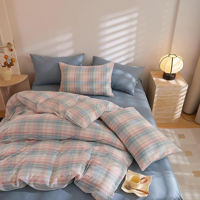 Plaid Comforter Twin XL Soft Washed Cotton Bedding Set Down Alternative Fluffy Boho Machine Washable Bedding Comforter Sets Cute Aesthetic Puffy Rustic Bed Comforter with 2 Pillowcases