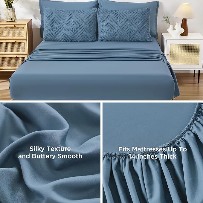 Andency Queen Comforter Set 7 Piece Ocean Blue - Bed in a Bag Queen Boho Lightweight Fluffy Tufted Bedding Sets with Comforter, Sheets, Pillowcases & Shams