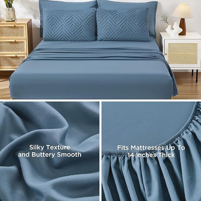 Andency Super King Plus Comforter Set Ocean Blue - 7 Pieces Bed in a Bag Oversized King Bedding Sets, Boho Tufted Lightweight Fluffy Bed Set with Comforter, Sheets, Pillowcases & Shams