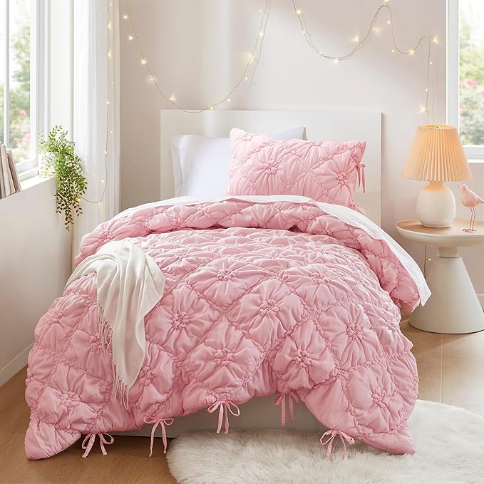 Intelligent Design Twin Comforter Set – Pink Lily Puffy Floral Shabby Chic Boho Bedding for Girls, Ultra-Soft, Lightweight & All-Season, Twin