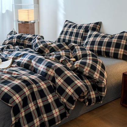 EAVD Vintage Style Black Buffalo Plaid Duvet Cover Twin Soft 100% Washed Cotton Red&Green Grid Checkered Bedding Set with 2 Pillowcases Retro Farmhouse Geometric Grid Duvet Cover with Zipper