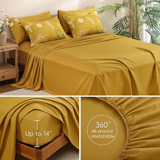 Yiran Queen Comforter Set, 7 Pieces Yellow Floral Soft Bedding Sets, Queen Bed in a Bag with Botanical Flowers All Season Comforter, Sheets, Pillowcases & Shams