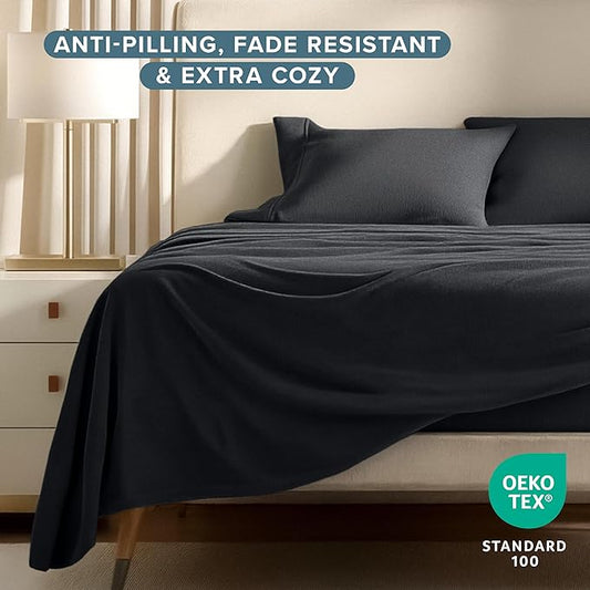 Bare Home Super Soft Fleece Sheet Set - Twin Size - Extra Plush Polar Fleece, No-Pilling Bed Sheets - All Season Cozy Warmth (Twin, Black)