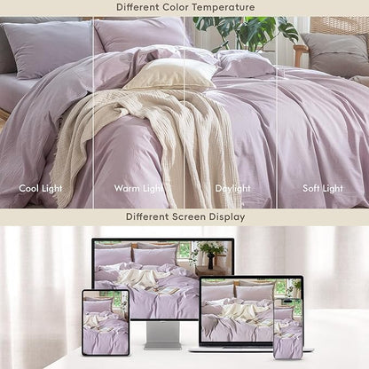 MooMee Bedding Duvet Cover Set 100% Washed Cotton Linen Like Textured Breathable Durable Soft Comfy (Heathered Light Purple, Queen 90"x90")