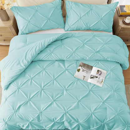 UNIKOME Queen Comforter Set Aqua Blue - Ultra Soft Boho Pintuck Down Alternative Bedding Set for All Seasons, 3 Pieces Lightweight Warm Pinch Pleat Bed Set with Comforter, 2 Pillowcases