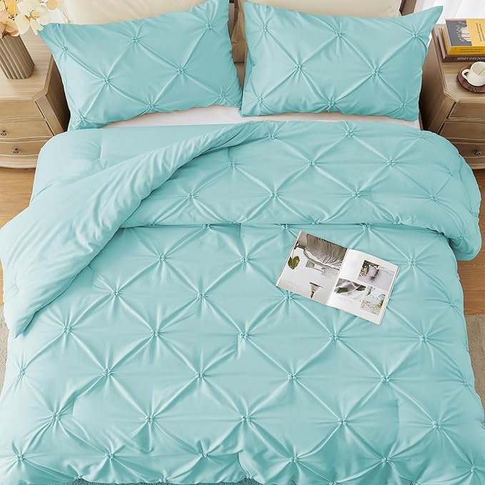 UNIKOME King Size Comforter Set Aqua Blue - Ultra Soft Boho Pintuck Down Alternative Bedding Set for All Seasons, 3 Pieces Lightweight Warm Pinch Pleat Bed Set with Comforter, 2 Pillowcases