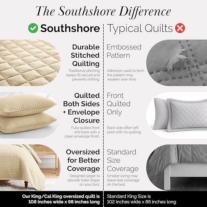 Southshore Fine Living, Inc. Oversized King Quilt Bedding Set, Soft Microfiber, Easy Care Pet Hair Resistant Bedding, California/King Size Quilt Coverlet, Beige Bedspread Set w/2 Shams, Soft Sand