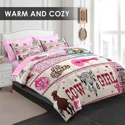 Comforter Set Queen Size, Cowgirl Western Country 7 Pcs Bedding for Kids and Adults, Cowboy Rustic Retro Bed Sheet Sets with Fitted Sheet 2 Pillowcases & 2 Shams for Bedroom Bed Decor