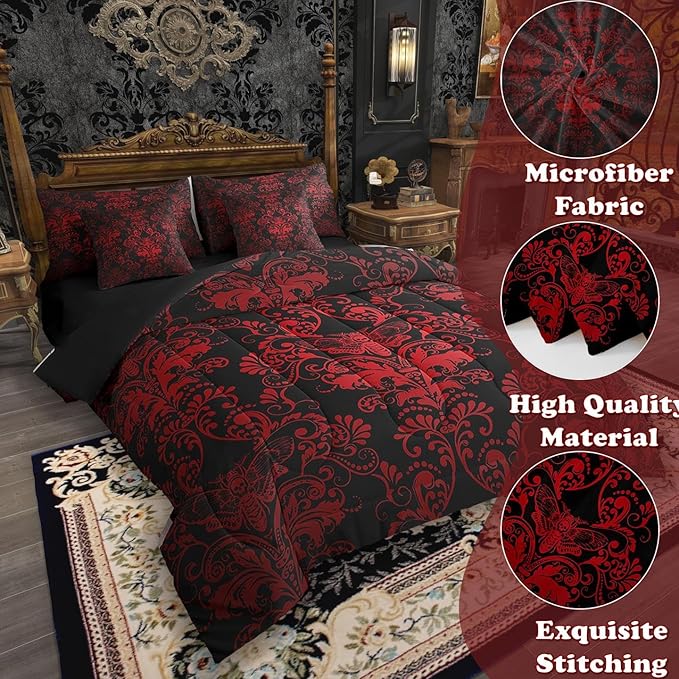 Erosebridal Gothic Damask Comforter Set 7 Piece Bed in a Bag Twin,Exotic Moth Bedding Sets Red Black Victorian Floral Goth Sheet Set with Comforter