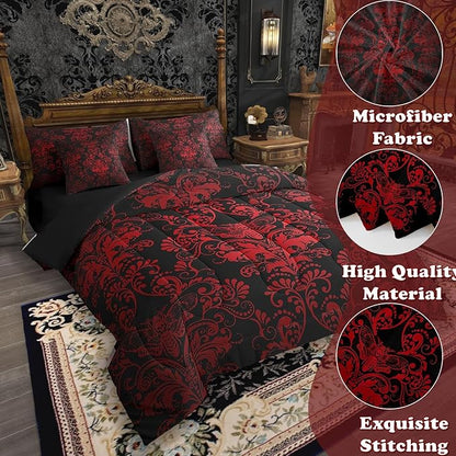 Erosebridal Gothic Damask Comforter Set 7 Piece Bed in a Bag Twin,Exotic Moth Bedding Sets Red Black Victorian Floral Goth Sheet Set with Comforter