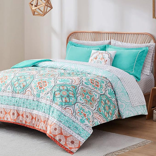 Degrees of Comfort Full Size Comforter Sets with Sheets Floral, Aqua Boho Complete Bedding Set for Teen Girls, Microfiber 8 Piece Bed in a Bag with Side Pockets, Matching Decorative Pillow