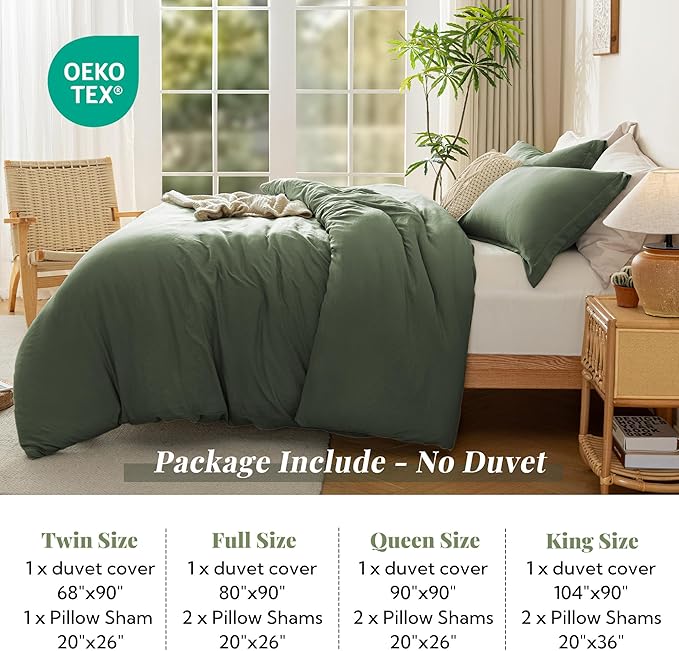 MILDLY Super Soft Duvet Cover - 100% Washed Microfiber Olive Green Comforter Cover Set 3 Pieces with Zipper Closure & Corner Ties (No Comforter)