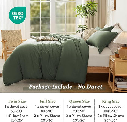 MILDLY Super Soft Duvet Cover - 100% Washed Microfiber Olive Green Comforter Cover Set 3 Pieces with Zipper Closure & Corner Ties (No Comforter)