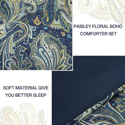 DJY Paisley Comforter Set Queen Size Navy Gold Boho Bed in a Bag 7 Piece, Soft Microfiber Vintage Paisley Floral Pattern Complete Bedding Set for All Season (90''x90)