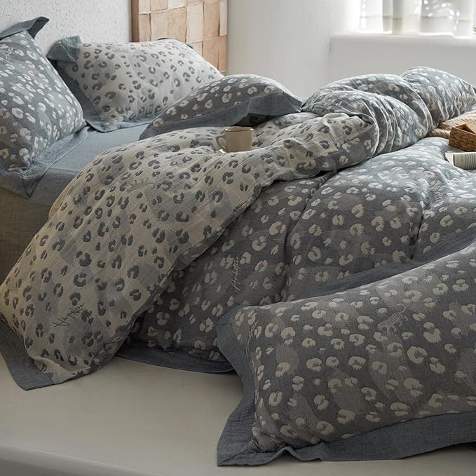mixinni Leopard Duvet Cover King Size, Premium Yarn-Dyed Jacquard Cotton Duvet Cover with Grey Leopard Print, Farmhouse Bedding Set with 2 Pillowcases Perfect for Him and Her-(King Size, Grey)