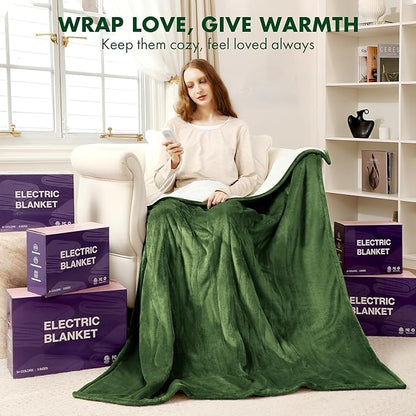 Electric Throw Blanket 50" x 60" - Soft Flannel Sherpa Heated Lap Blanket with 5 Heating Levels & 4 Hours Auto Off, Electric Throw Blanket as a Gift for Grandma, Machine Washable (Green)