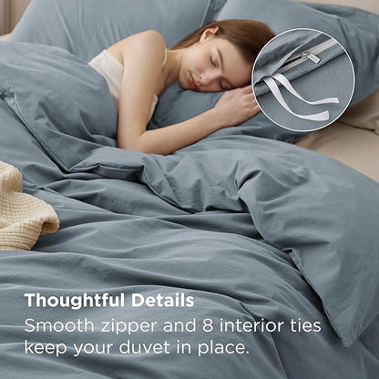Bedsure 100% Washed Cotton Duvet Cover King Size - Dusty Blue Minimalist Bedding Set Linen Like - PureWoven Plain Simple & Soft Comforter Cover for All Seasons (Dusty Blue, King, 104"x90")