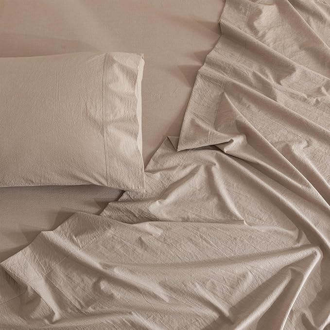 JIYUAN Queen Size Sheet Set, 4-Piece - 100% Washed Cotton, Linen-Like Soft & Breathable, Includes Deep Pocket Fitted & Flat Sheet with 2 Pillowcases, Hotel Quality, Heathered Warm Taupe