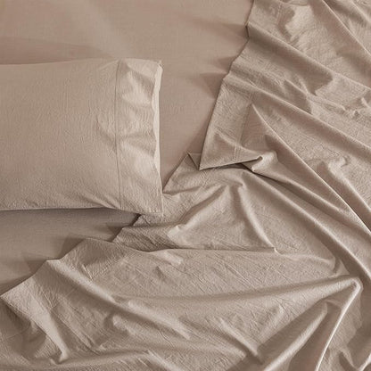 JIYUAN King Size Sheet Set, 4-Piece - 100% Washed Cotton, Linen-Like Soft & Breathable, Includes Deep Pocket Fitted & Flat Sheet with 2 Pillowcases, Hotel Quality, Heathered Warm Taupe