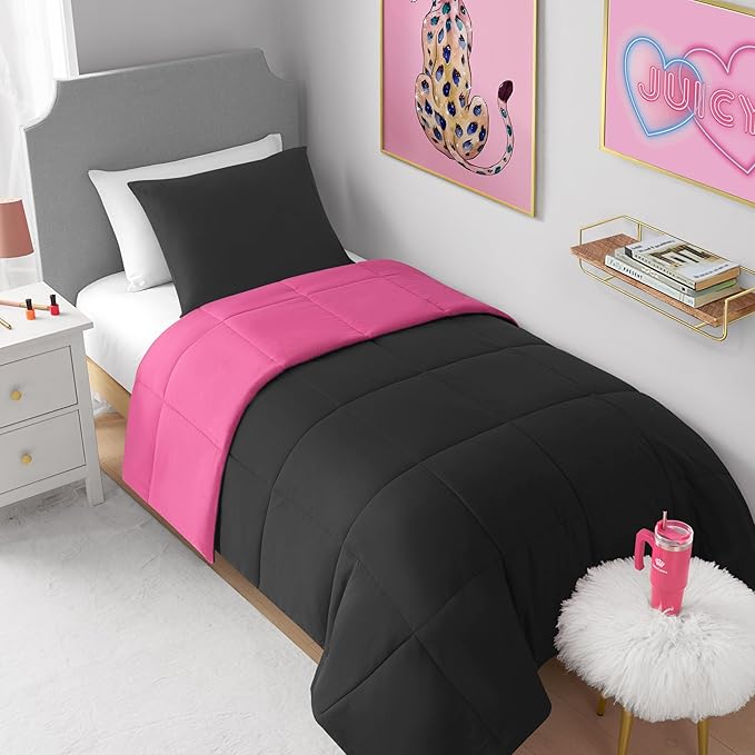 Juicy Couture Reversible Box Stitch Comforter Set, 3-Piece King – Hot Pink/Black – Glam Bedding Set