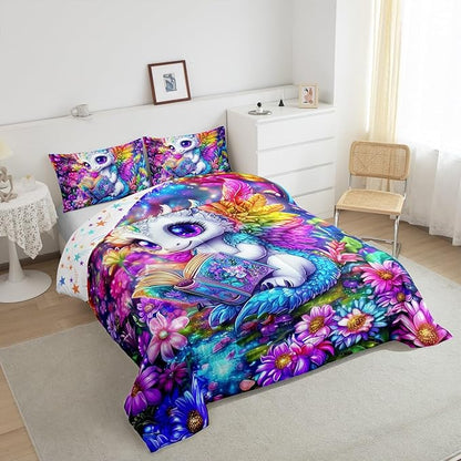 Cartoon Dragon Comforter Set Toddler Size,Western Wildlife Animal Bedding Set for Kids Teens,Watercolor Flowers Down Comforter,2 Pcs 1 Pillowcase