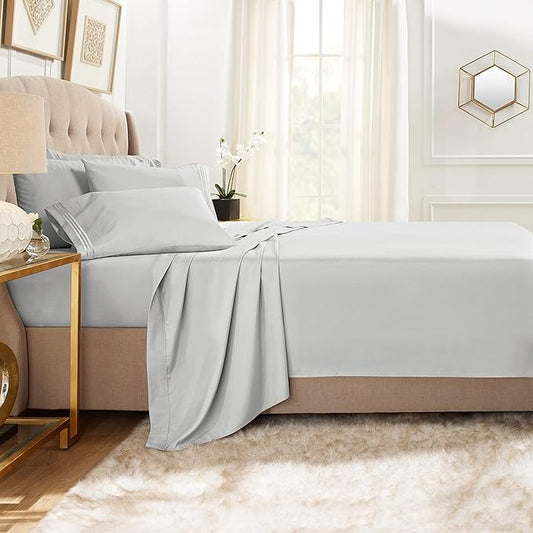 Clara Clark 5 Piece Twin Bed Sheet Set - Silver, Microfiber, Luxury Hotel Quality, Deep Pocket, Fade Resistant, 1800 Thread Count, Breathable, 3 Pillowcases & Fitted & Flat Sheet