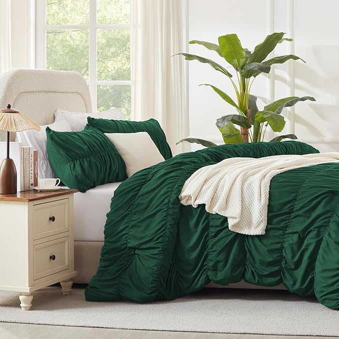Andency Ruched Dark Emerald Green Twin Size Comforter Sets, Shabby Chic Pleated Bedding Sets 2 Pieces, Lightweight Soft Boho Ruffle Bed Set for Girls, Kids, Women, All Season