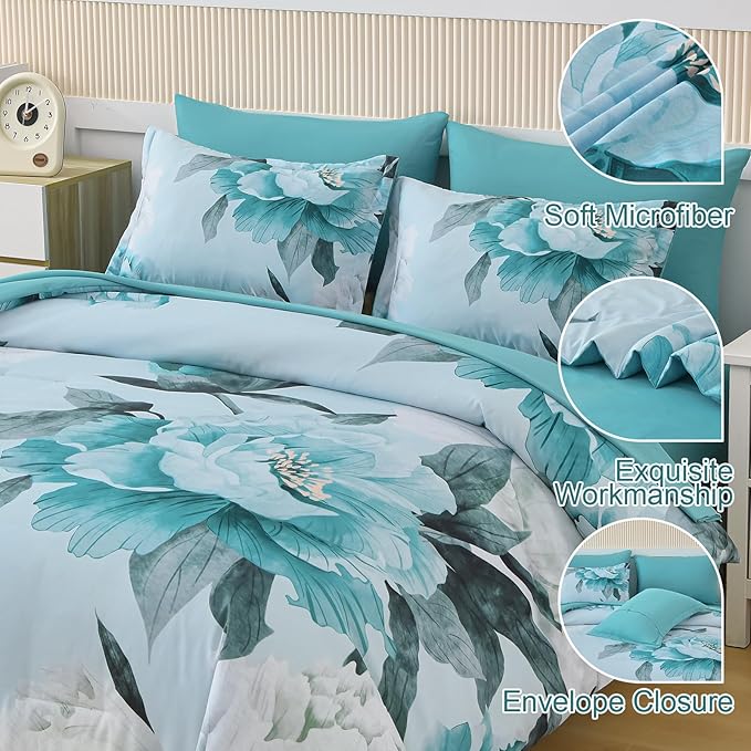 Dobuyly Floral Comforter Set Full Size 7 Piece Bed in a Bag, Aqua Flowers Printed on Light Blue Comforter Set with Sheets, Soft Microfiber Botanical Complete Bedding Set for All Season