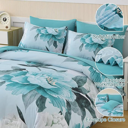 Dobuyly Floral Comforter Set Queen Size 7 Piece Bed in a Bag, Aqua Flowers Printed on Light Blue Comforter Set with Sheets, Soft Polyester Botanical Complete Bedding Set for All Season