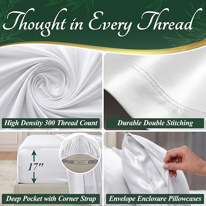 DECOLURE 100% Viscose Derived from Bamboo Sheets Queen Size - Luxury 6 Pc Naturally Cooling Sheets, Ultra Soft Bed Set - Deep 17" Pockets, Durable Double Stitching, Oeko Tex Standard (White)