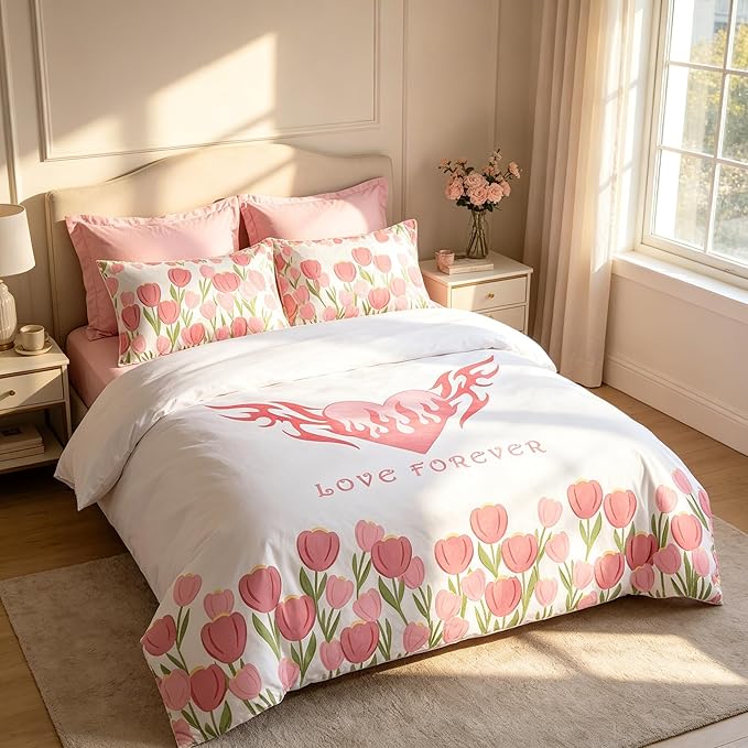 Girls Pink Floral Comforter Set King Size, Pink Tulip Soft Microfiber Bedding Set with Love Heart Pattern, 3Pieces All Season Lightweight Summer Comforter Set for Girls