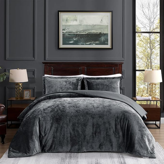 TAMGHO Velvet Comforter Queen - Grey Soft Crushed Velvet 3pc Bedding Set (92"x96" Comforter + 2x20 x26 Shams), All-Season & Easy Care | Soft, Neutral Color, Velvet Texture