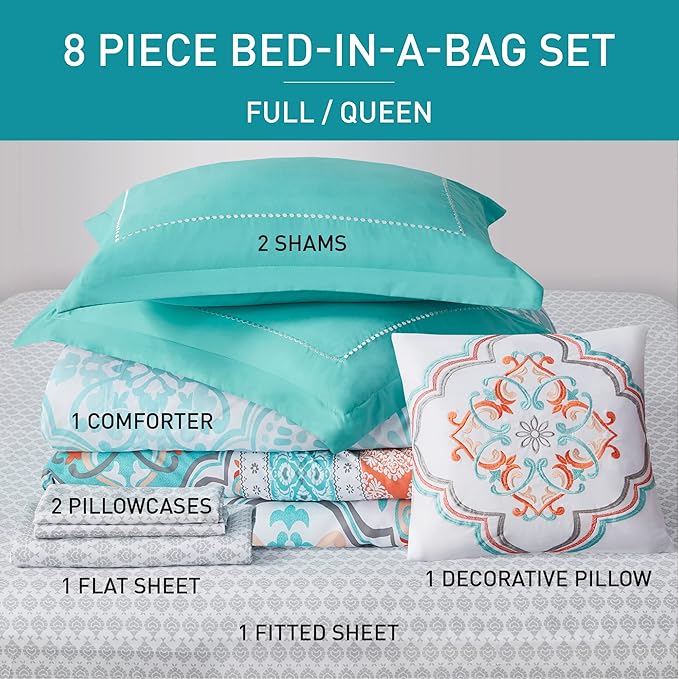 Degrees of Comfort Full Size Comforter Sets with Sheets Floral, Aqua Boho Complete Bedding Set for Teen Girls, Microfiber 8 Piece Bed in a Bag with Side Pockets, Matching Decorative Pillow