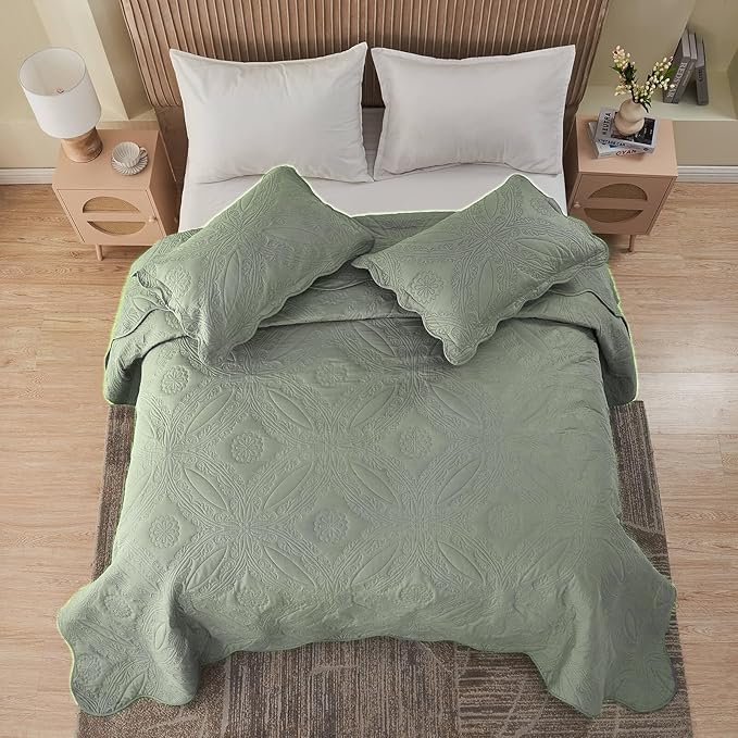 Kingnex Oversized King Bedspreads 128x120 for Extra Wide Tall King or Cal King Bed Ultrasonic Quilted Coverlet Set 3 Piece Include 1 Quilt 2 Pillowcases Sage