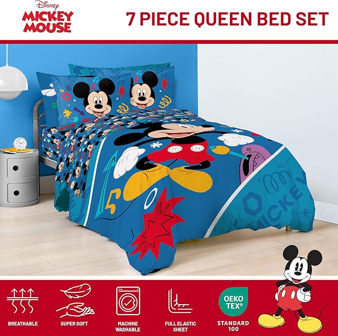 Jay Franco Kids Comforter Set Includes Sheets and Pillow Covers - Soft and Cozy Bed Set for Stylish Room Decor, Blue - Mickey Mouse, 7 Queen Piece Bedding