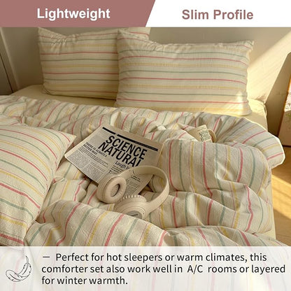 EAVD Vintage Colorful Striped Comforter Set Full Soft Cotton 3-Piece Retro Vertical Striped Bedding Set with 2 Pillowcases Boho Geometric Comforter Set for All-Season(Pink&Yellow&Blue, Full)