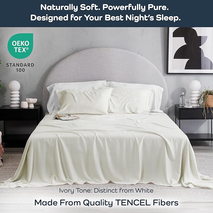 Olive + Crate Tencel Lyocell Eucalyptus Twin XL Sheets - Extra Long Sheet Set - Cooling Tencel Sheets for Hot Sleepers with 16 Inch Deep Pocket Fit - Ivory 3-Piece Set