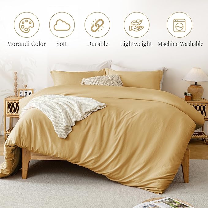 MILDLY Super Soft Duvet Cover 2pcs - 100% Washed Microfiber Yellow Comforter Cover Set with Zipper Closure & Corner Ties (No Comforter)