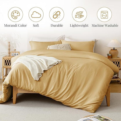 MILDLY Super Soft Duvet Cover - 100% Washed Microfiber Warm Mustard Yellow Comforter Cover Set 3 Pieces with Zipper Closure & Corner Ties (No Comforter)