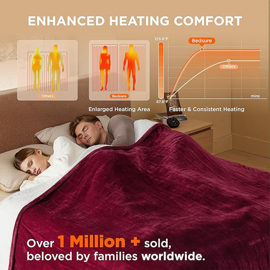 Bedsure Electric Blanket Queen Size - Dual Control Heated Blanket Queen, Fast Heating with 10 Time Settings & 10 Heat Settings, Warm Gift for Grandma (84x90 inches, Burgundy)