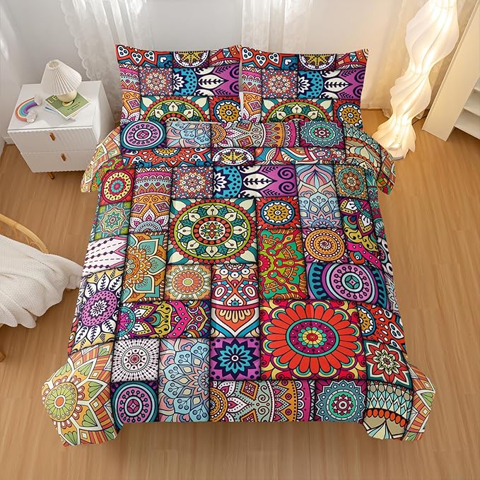 Colorful Bohemian Comforter Sets Full Size,Geometry Bohemia Bedding Set for Your Room,Abstract Soft Lightweight Quilted Set All Season,1 Comforter and 2 Pillowcases