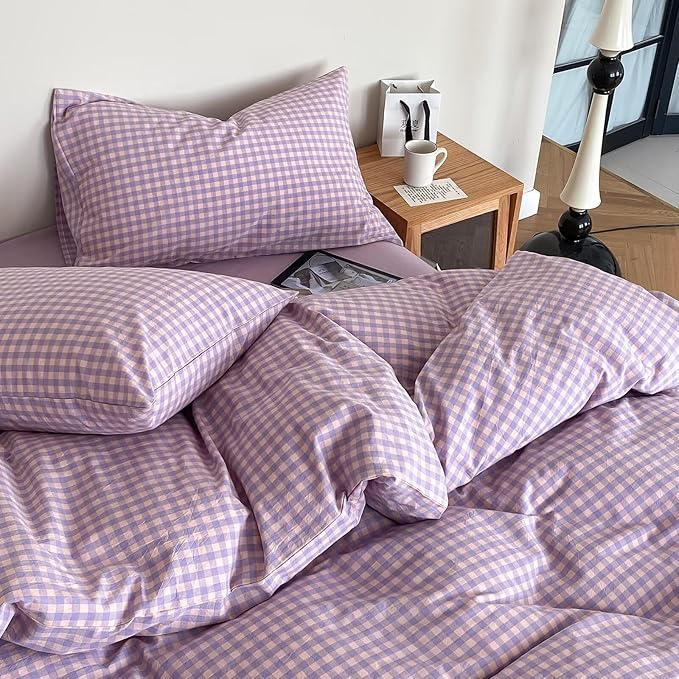 mixinni Purple Gingham Comforter Set Full, Plaid Comforter Set 3 Pieces 1 Purple Grid Comfoter with 2 Pillow Cases for All Seasons, Soft Fluffy Modern Grid Pattern Printed Bedding-Full Size