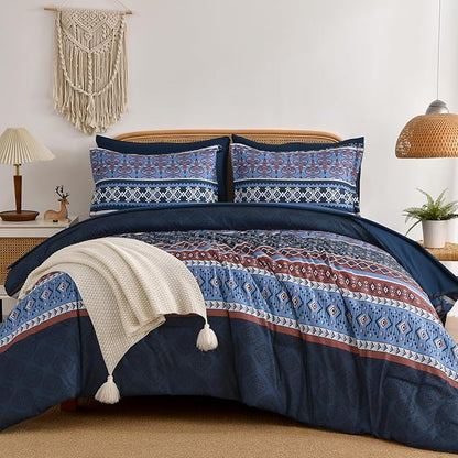 Boho Comforter Set Queen Size,7 Pieces Bohemian Comforter Bedding Set Bed in a Bag,Navy Blue Paisley Floral Comfortet and Sheet Set,Soft Striped Bedding Sets for All Season