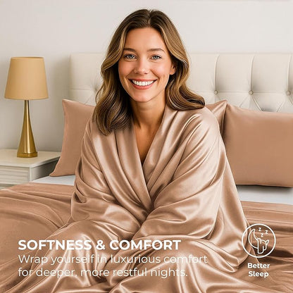 Satin Sheets Full [4-Piece, Rose Gold] Hotel Luxury Silky Bed Sheets - Extra Soft 1800 Microfiber Sheet Set, Wrinkle, Fade, Stain Resistant - Deep Pocket Fitted Sheet, Flat Sheet, Pillow Cases