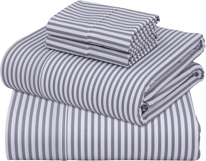 ZOYER 100% Cotton Sheets – Queen Size Percale Bedding, Cooling & Breathable, Durable with a Crisp, Soft & Comfortable Feel, 16" Deep Pocket, 4-Piece Set, Grey Stripe