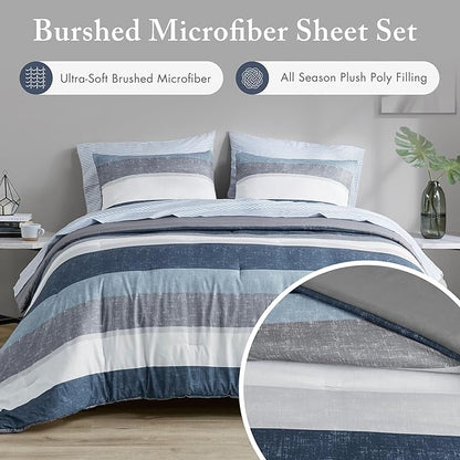 Madison Park Essentials Jaxon Bed in a Bag Comforter Set with Sheet, Printed Stripe Design, Modern All Season Bedding and Matching Sham, California King Blue/Grey 7 Piece
