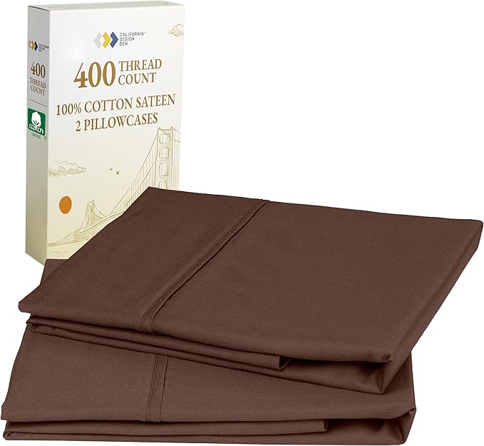 California Design Den Standard/Queen Size Pillowcase Set - Soft 400 Thread Count Sateen, 100% Cotton Pillowcases, Set of 2 Pillow Covers, Breathable, Espresso Chocolate Brown
