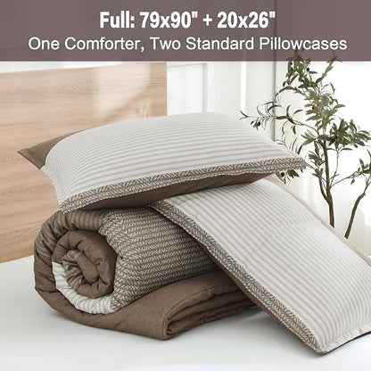 Litanika Comforter Set Full Size Coffee - 3 Pieces Lightweight Colorblock Stripe Fluffy Bedding Comforter Sets, All Season Bed Set