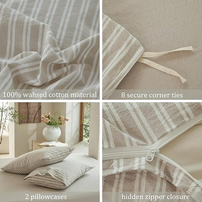 Striped Duvet Cover Set,100% Washed Cotton Linen Like Bedding Set,Breathable,Durable,Comfy(Strip-Tannish Linen Grey/White,Full)