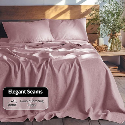 LBRO2M 100% Pure Linen Sheet Set Deep Pocket Up to 16" Bed Sheets Sets, Natural Flax Beddings Soft, Breathable, Comfortable for All Seasons 4 Pcs Sheet Set California King Size, Embroidery Purple